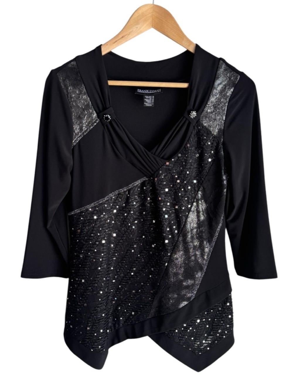 Frank Lyman Artsy Asymmetrical Top Sz 10 Black Shimmer Sequin 3/4 Sleeve Shirt